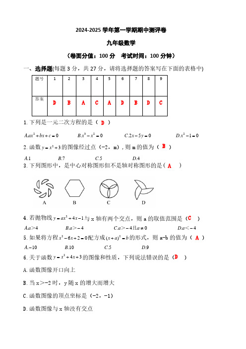 2024-2025学年第一学期九年级数学期中测评卷(21-23章)