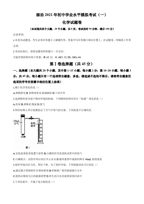 2021年云南省昆明市禄劝彝族苗族自治县第一中学中考一模化学试题