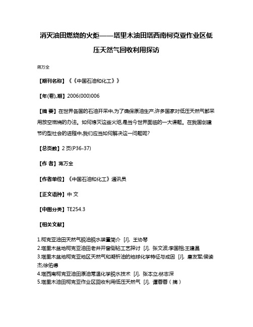 消灭油田燃烧的火炬——塔里木油田塔西南柯克亚作业区低压天然气回收利用探访