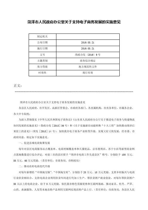 菏泽市人民政府办公室关于支持电子商务发展的实施意见-菏政办发〔2019〕9号