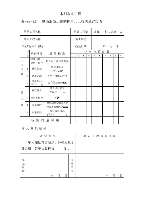 表(粤水)1.2 钢筋混凝土预制桩单元工程质量评定表