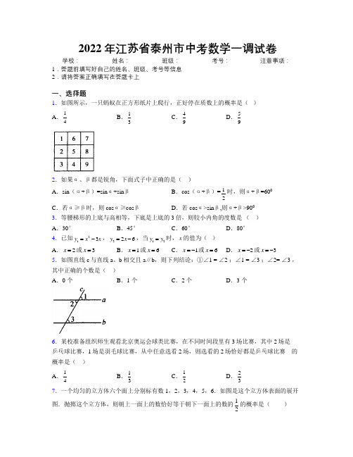 2022年江苏省泰州市中考数学一调试卷附解析