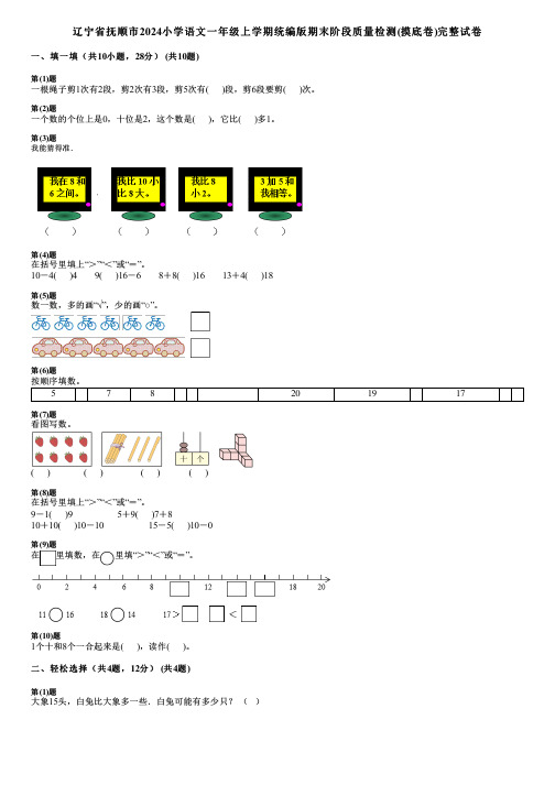 辽宁省抚顺市2024小学数学一年级上学期统编版期末阶段质量检测(摸底卷)完整试卷