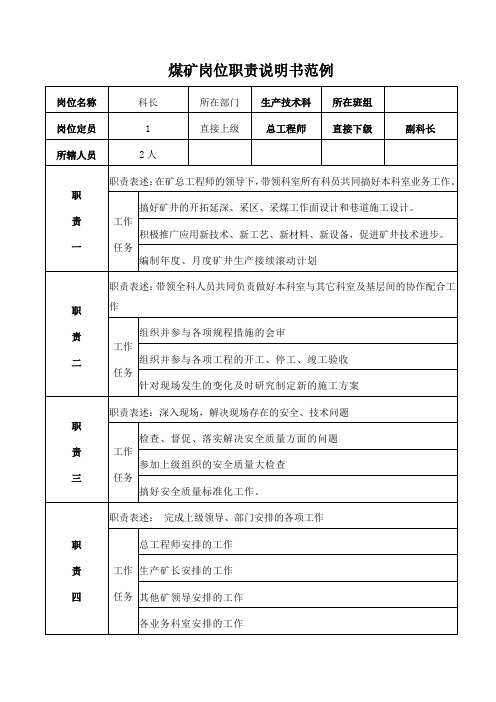 煤矿生产技术科科长岗位职责说明书