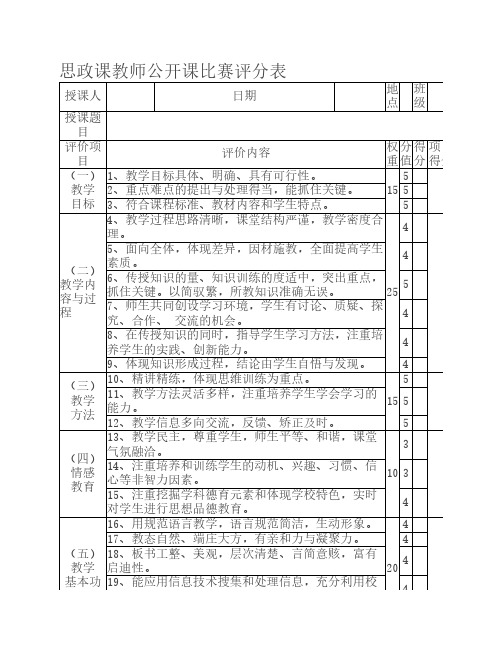 思政课教师公开课比赛评分    表