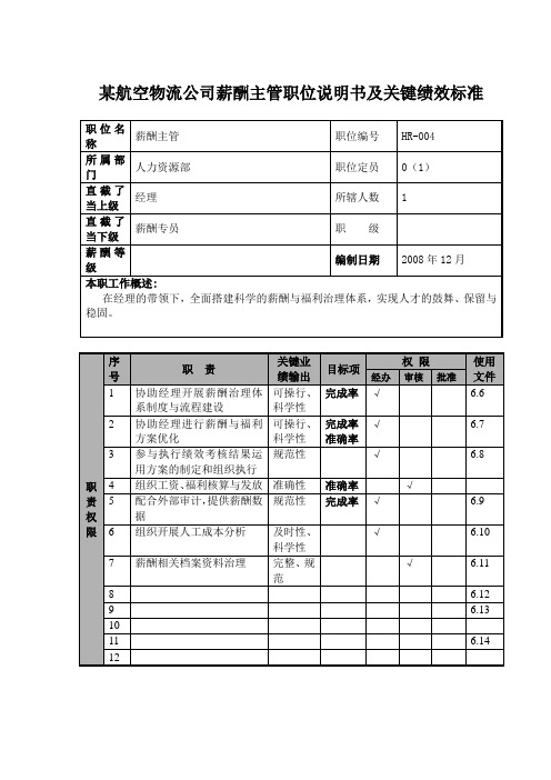 某航空物流公司薪酬主管职位说明书及关键绩效标准