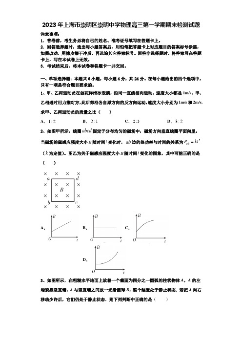 2023年上海市崇明区崇明中学物理高三第一学期期末检测试题含解析