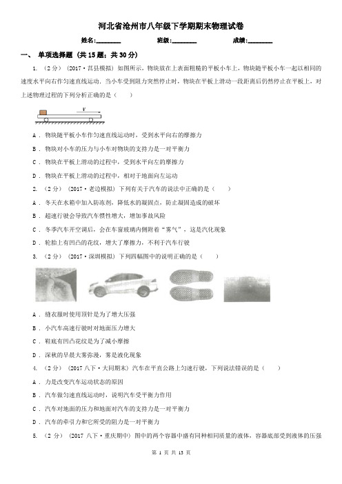 河北省沧州市八年级下学期期末物理试卷 