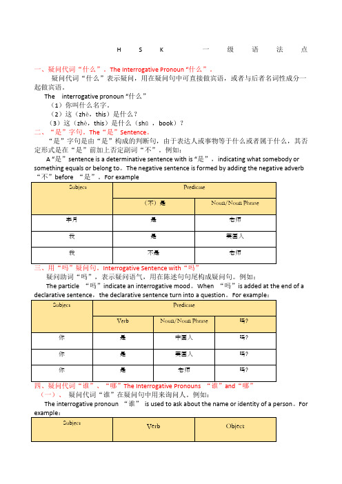 课程标准HSK一级语法点