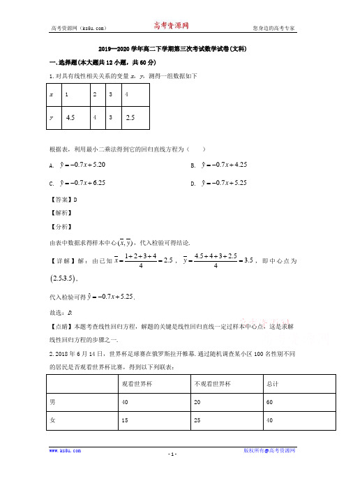 吉林省白城市通榆县第一中学2019-2020学年高二下学期第三次月考(5月)数学(文)试题含解析