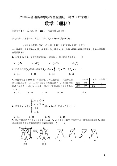 2008广东省数学高考题目及答案