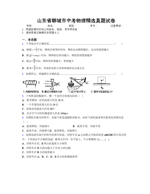 最新山东省聊城市中考物理精选真题试卷及解析