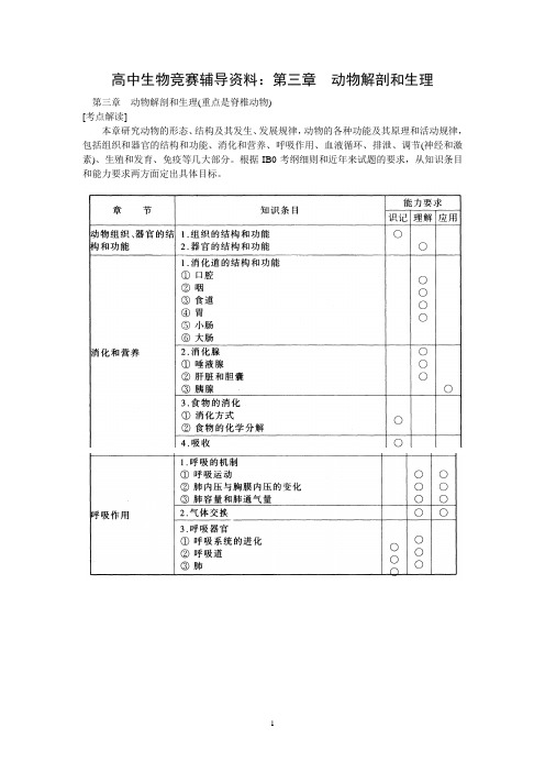 最新人教版2018年高中生物竞赛辅导资料：第3章  动物解剖和生理