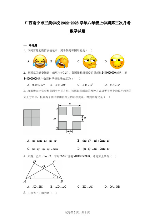 广西南宁市三美学校2022-2023学年八年级上学期第三次月考数学试题