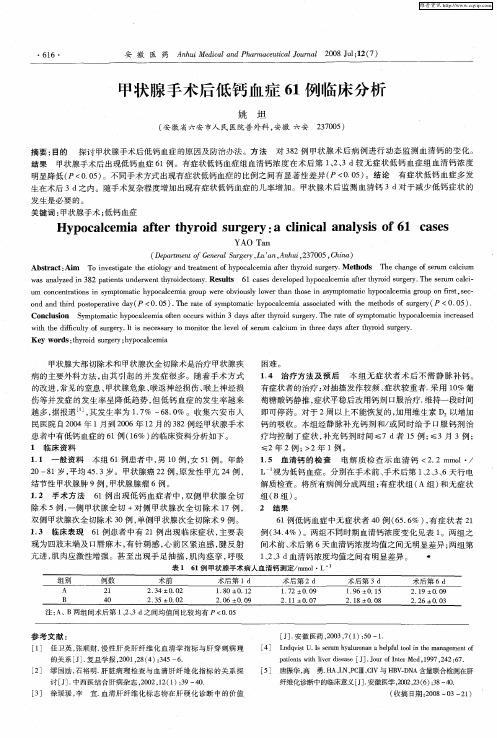 甲状腺手术后低钙血症61例临床分析