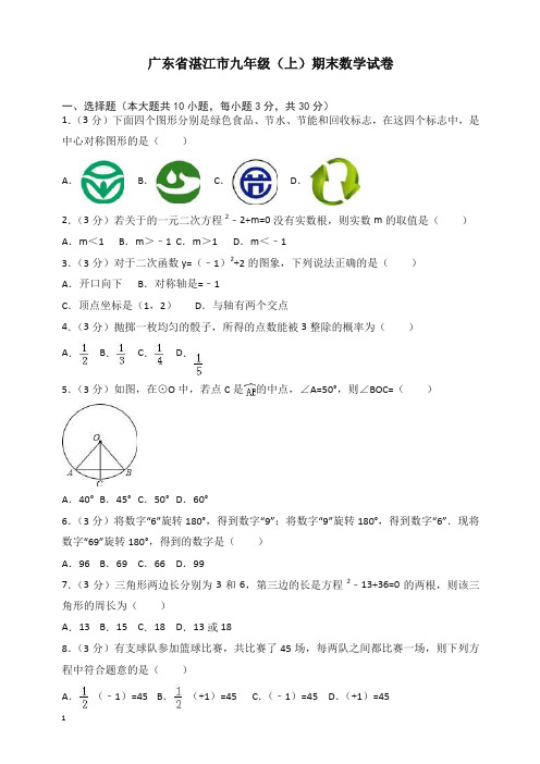 广东省湛江市九年级上册期末数学试卷(有答案)【精选】.doc