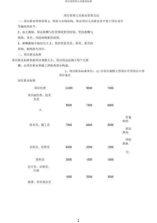 项目部管理人员薪资标准