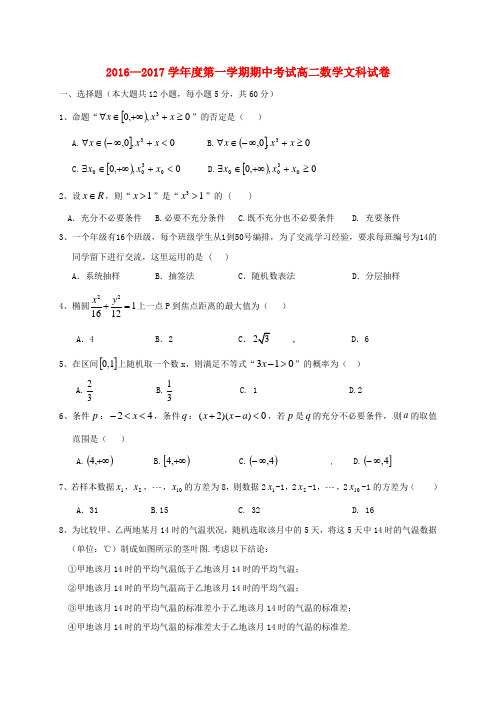 黑龙江省伊春市第二中学学年高二数学上学期期中试题文