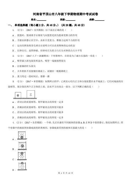 河南省平顶山市八年级下学期物理期中考试试卷