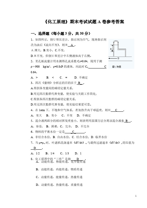 2007年下学期化工原理A卷参考答案