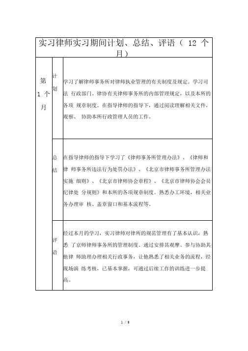 实习律师实习期间月计划、月总结和指导老师评语(12个月)