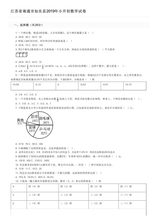 江苏省南通市如东县2019年小升初数学试卷及参考答案