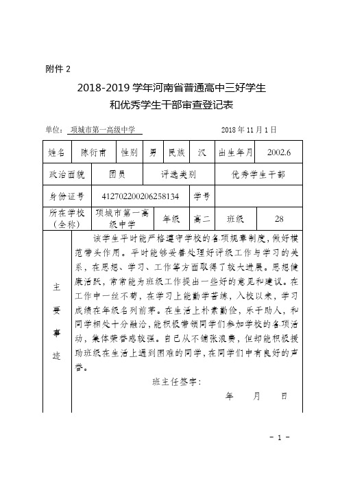 2018优秀学生干部审查登记表