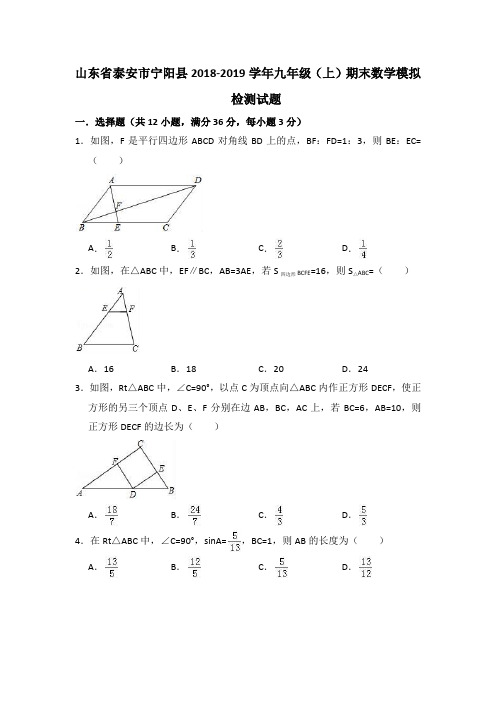 山东省泰安市宁阳县2018-2019学年九年级(上)期末数学模拟检测试题(含答案)