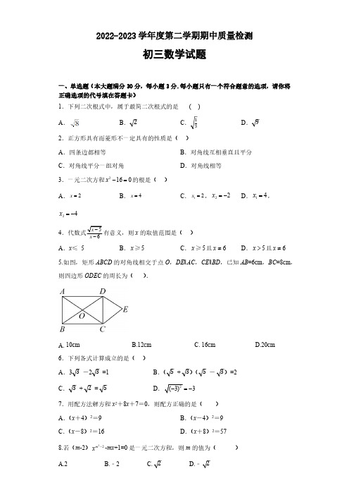 山东省济宁任城区2022-2023学年八年级下学期期中质量检测数学试卷(含解析)