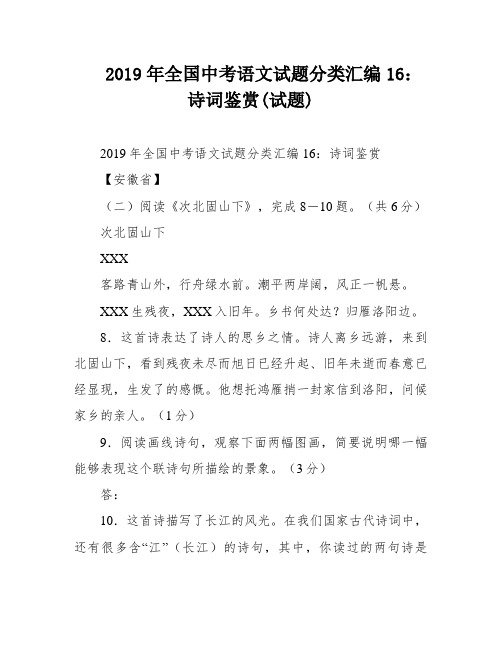 2019年全国中考语文试题分类汇编16：诗词鉴赏(试题)