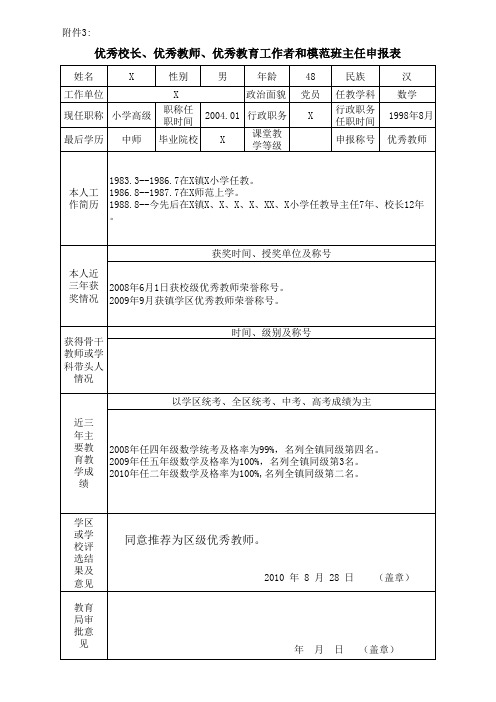 优秀校长、优秀教师、优秀教育工作者和模范班主任申报表