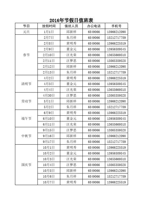 2016年节假日值班表