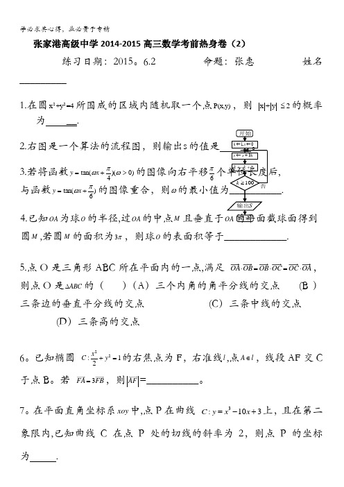 江苏省张家港高级中学高三数学考前热身卷(2) 含答案