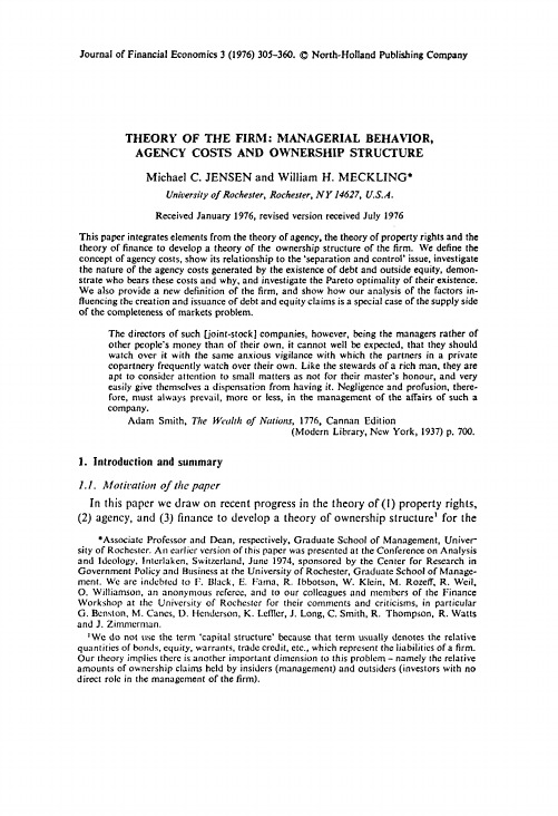 Jensen企业理论：管理者行为、代理成本与所有权结构JFE3(1976)305-360