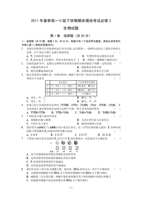 2011年春季高一年级下学期期末模块考试必修2(修订稿)