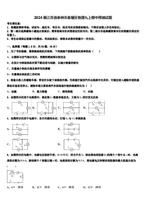 2024届江苏省泰州市姜堰区物理九上期中预测试题含解析