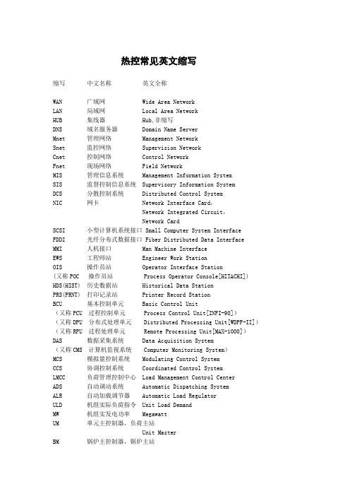 热控常见英文缩写