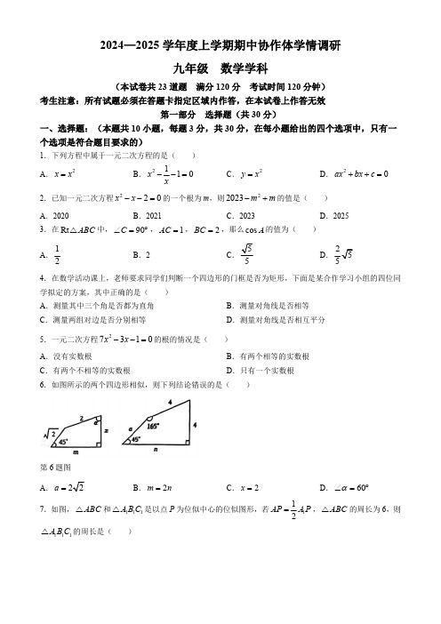 辽宁省沈阳市协作体2024-2025学年九年级上学期期中数学试题(含答案)