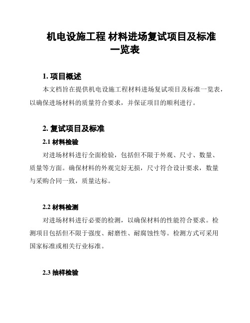 机电设施工程 材料进场复试项目及标准一览表