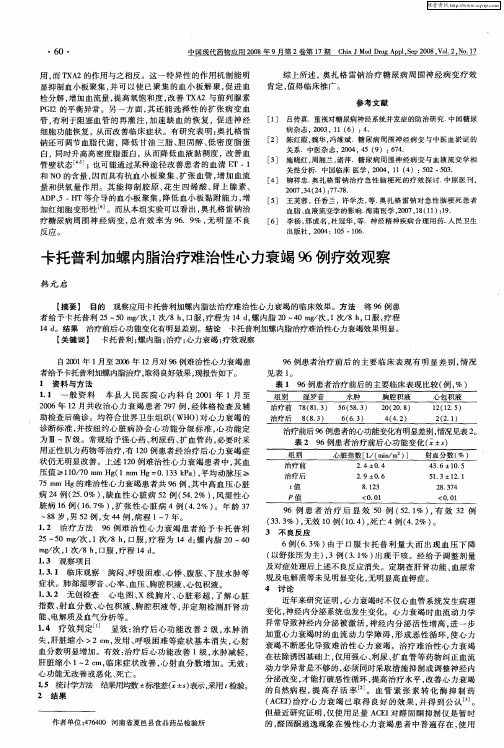 卡托普利加螺内脂治疗难治性心力衰竭96例疗效观察