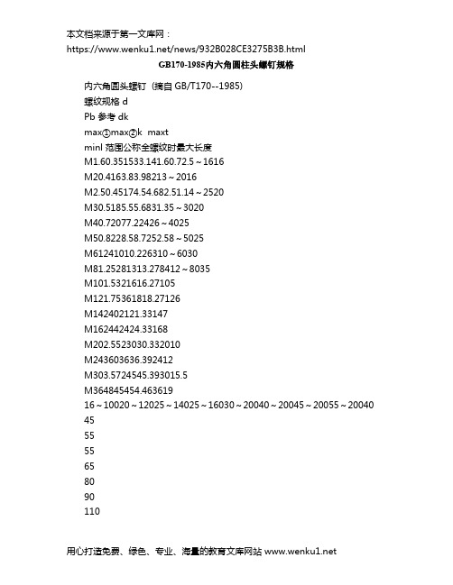 GB170-1985内六角圆柱头螺钉规格