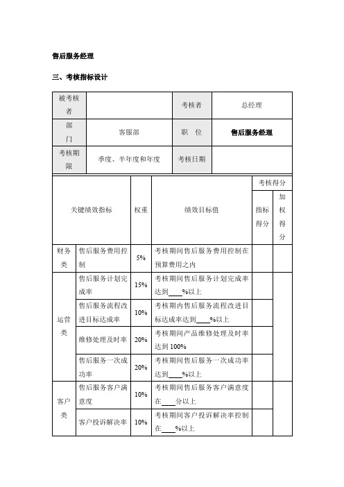 售后服务各岗位关键业绩指标、考核指标设计、绩效考核细则 - 副本