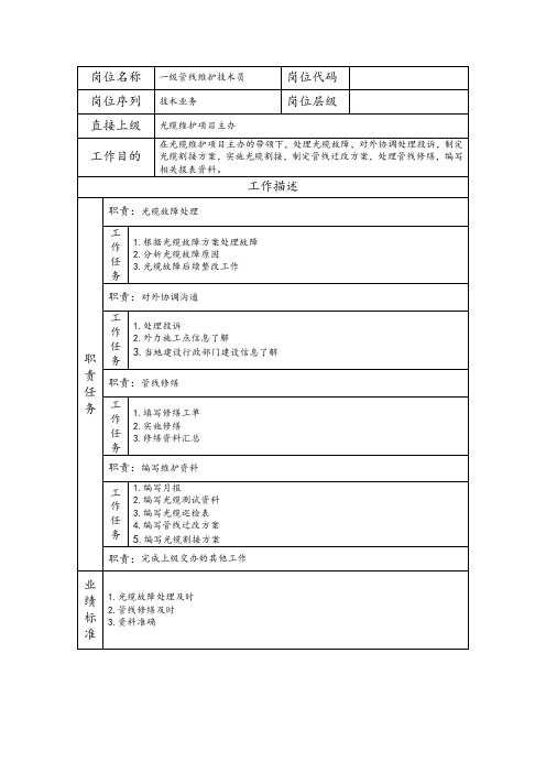 一级管线维护技术员--工程施工类岗位职责说明书