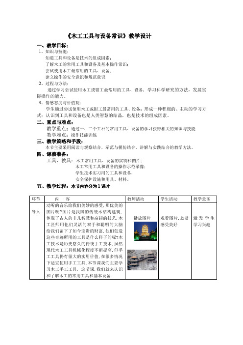 高中通用技术_木工基本工具及设备常识教学设计学情分析教材分析课后反思