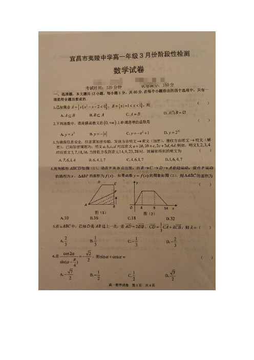 湖北省宜昌市夷陵中学15—16学年高一3月月考数学试题(图片版)(附答案)