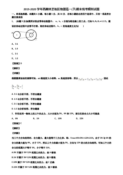 2019-2020学年西藏林芝地区物理高一(下)期末统考模拟试题含解析