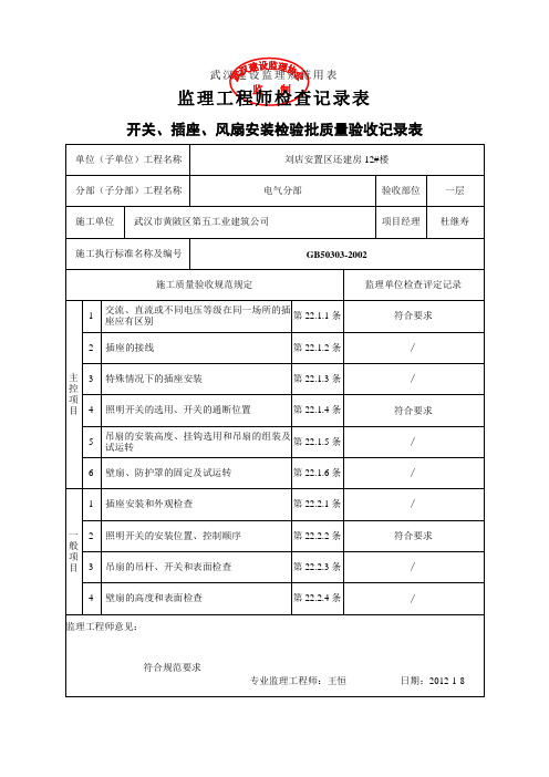 开关、插座、风扇安装(监理工程师检查记录表)