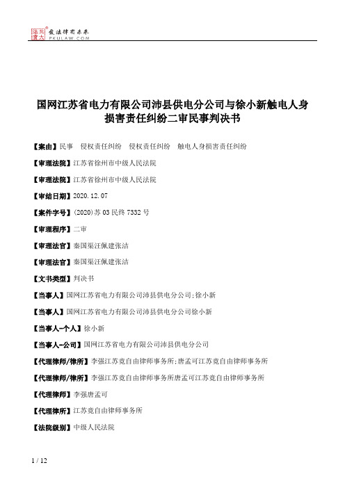 国网江苏省电力有限公司沛县供电分公司与徐小新触电人身损害责任纠纷二审民事判决书