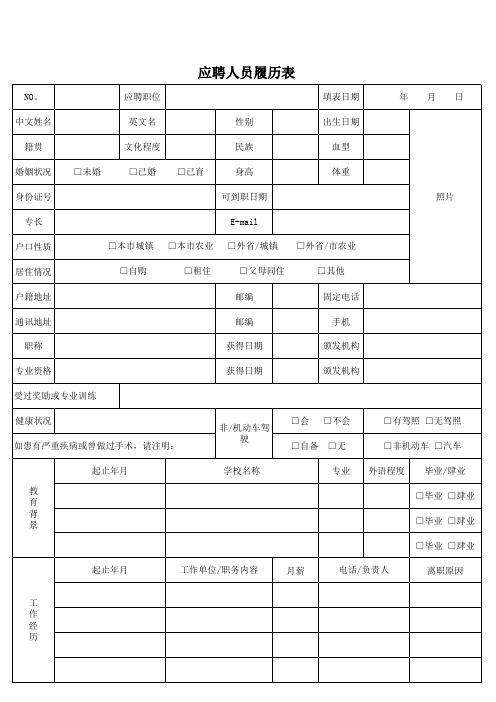 应聘人员履历表