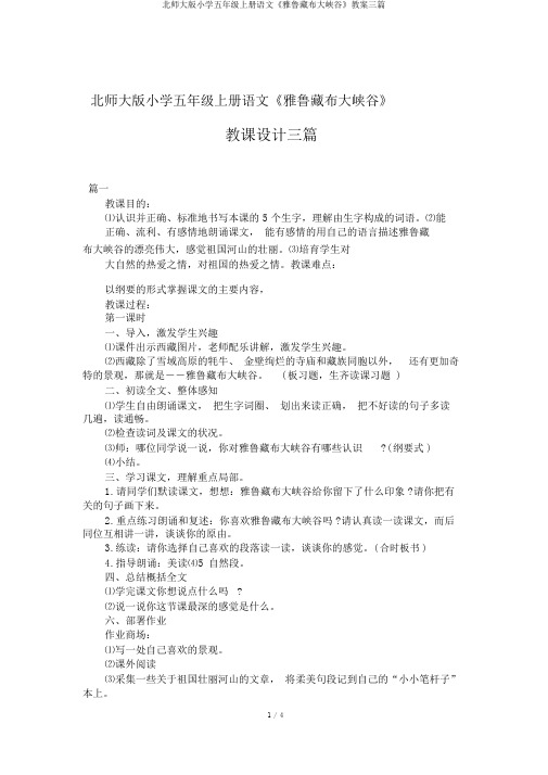 北师大版小学五年级上册语文《雅鲁藏布大峡谷》教案三篇